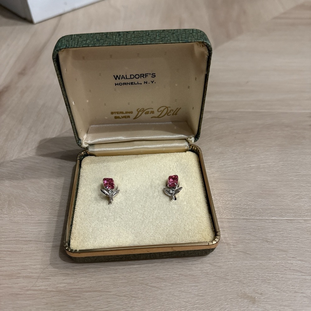 Vintage clip on Sterling Silver Pink Rose Stud Earrings